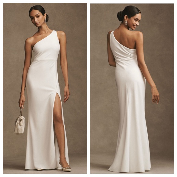 NEW Anthropologie BHLDN Hallie One Shoulder Stretch Crepe Maxi Gown In White - Picture 2 of 6